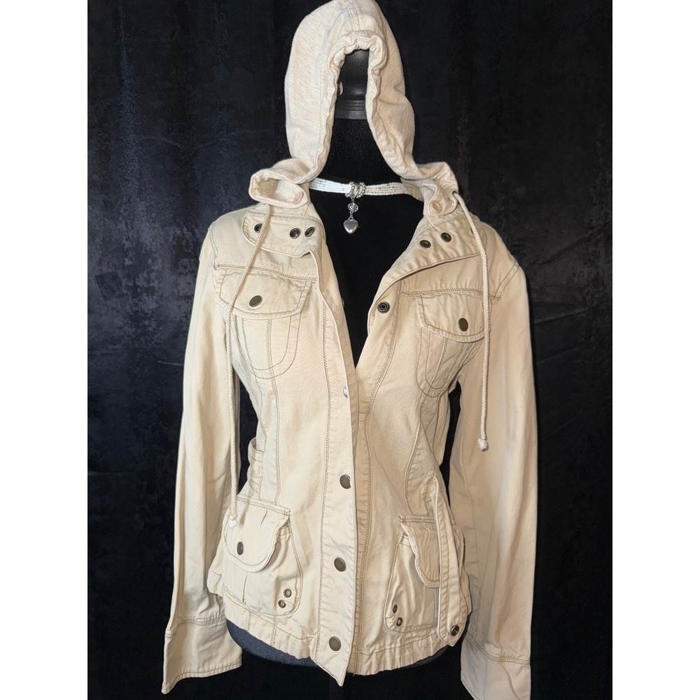 Maurices Women's M Cream Hooded Utility Jacket Military Cargo Cotton Casual